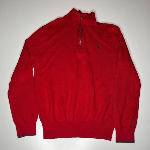 polo ralph lauren mens red 1/4 zip sweater large pima cotton pullover jumper lg - Picture 1 of 8